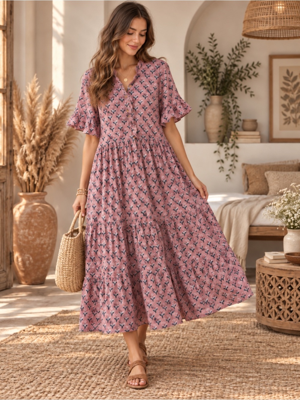 Pink Boho Cotton Cottagecore Pocketed Midi Dress